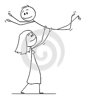 Vector Cartoon of Heterosexual Couple of Woman Lifting Man While Performing Dance Pose Lift During Dancing