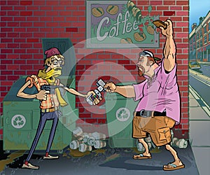 Vector cartoon of a hipster robbing an aging frat