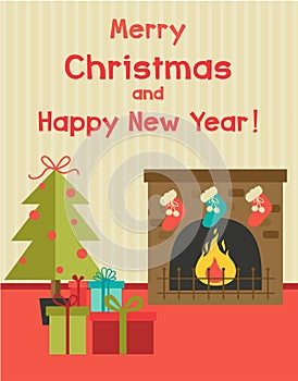 Vector cartoon holiday illustration with fireplace, new year tree and presents under it