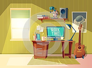 Vector cartoon home office interior, workplace photo