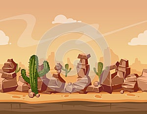 Vector cartoon horizontal seamless landscape with stones and cactus. Game wild background illustration