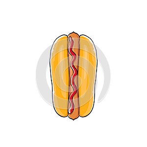 Vector cartoon hotdog icon with sausage isolated on white background.