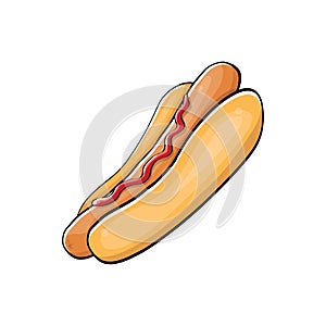 Vector cartoon hotdog icon with sausage isolated on white background. Vintage hot dog label design element.