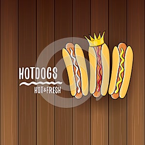 Vector cartoon hotdogs label isolated on wooden table background