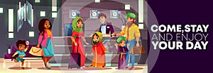 Vector cartoon hotel reception with Arab family