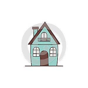 Vector cartoon house with brown roof and flue icon. Vector house with balcony icon