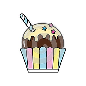 vector cartoon ice cream in a cream bowl, chocolate with topping, bright