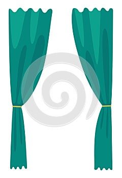 Vector cartoon icon of green curtains isolated at white background, curtains for theatre decoration