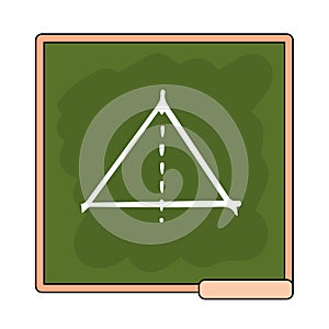 Vector cartoon icon of green school board with drawing triangle with dotted line, geometry lesson