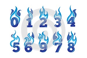 Vector cartoon icons set of blue Flaming Numbers