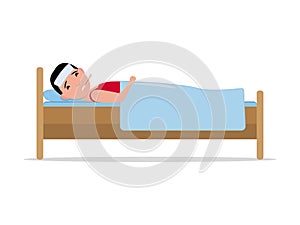 Vector cartoon ill sick man lying in bed with flu