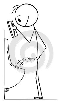 Vector Cartoon Illustration of Addicted Man Using Mobile Phone While Urinating at Public Toilet or Bathroom photo
