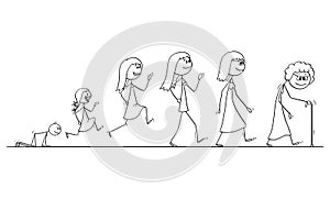 Vector Cartoon Illustration of Aging Process of Human Woman, From Baby to Senior Adult