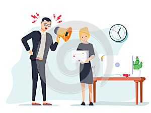 Vector cartoon illustration of angry boss and frightened employee. Man standing near the table