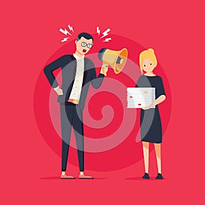 Vector cartoon illustration of angry boss and frightened employee. Man standing near the table, woman with papers