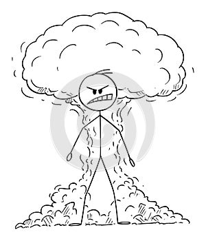Vector Cartoon Illustration of Angry, Furious and Raging Man Expressing His Emotion with Nuclear Atomic Explosion in