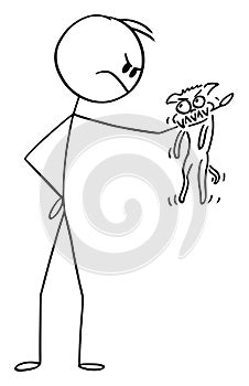 Vector Cartoon Illustration of Angry Man with Small Aggressive Dog or Chihuahua Bite to His Arm