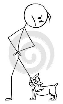 Vector Cartoon Illustration of Angry Man with Small Aggressive Dog or Chihuahua Bite to His Leg