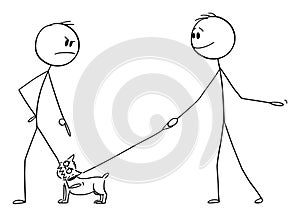 Vector Cartoon Illustration of Angry Man With Small Aggressive Dog or Chihuahua on the Leash or Lead Bite to His Leg