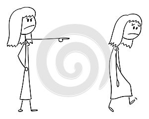 Vector Cartoon Illustration of Angry Woman or Female Boss Expelling Another Woman, Forcing Her to Leave