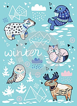 Winter greeting card with cartoon north animals, geometric iceberg and mountains. Holiday vector illustration