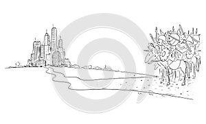 Vector Cartoon Illustration of Army or Ancient or Medieval Raiders or Marauders Ready to Attack Modern City or