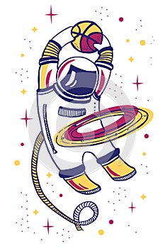 Vector cartoon illustration with asronaut playing basketball in space with planet ring