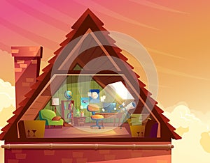 Vector cartoon illustration of attic, mansard