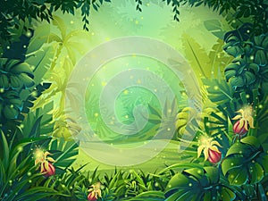 Vector cartoon illustration of background morning rainforest