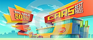 Vector cartoon illustration, banner of sales, a special offer for the car dealership