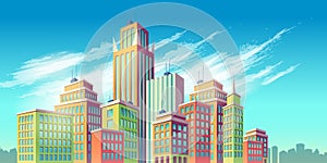 Vector cartoon illustration, banner, urban background with modern big city buildings