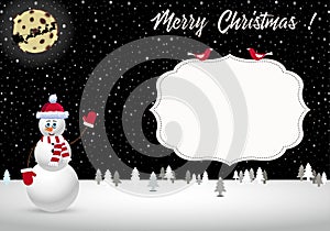 Vector cartoon illustration of beautiful christmas night landscape with santa sleigh silhouete and snowman.