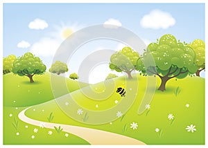 Vector cartoon illustration of a beautiful spring sunny meadow