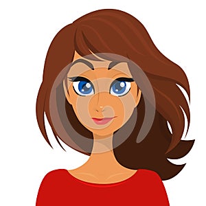 Vector cartoon illustration of a beautiful woman portrait with long brown hair and red dress. Top-model girl