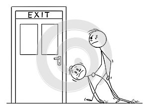 Vector Cartoon Illustration of Big Rough Man or Bouncer Carrying Drunk Man to Exit Door to Throw Him Out of Building photo