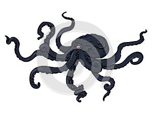 Vector Single Cartoon Illustration - Black Octopus. Wild Underwater Animal.