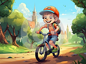 boy child rides a bike in the park