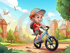 boy child rides a bike in the park