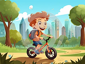 boy child rides a bike in the park