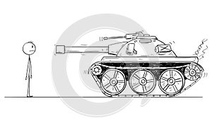 Vector Cartoon Illustration of Brave Unarmed Man Facing Alone the Army Tank photo