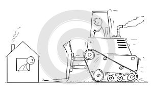 Vector Cartoon Illustration of Bulldozer Moving To Demolish Small Family House photo