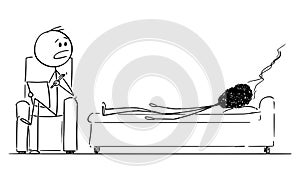 Vector Cartoon Illustration of Burnout Stressed or Tired Man or Businessman Talking as Patient With Psychiatrist.
