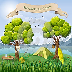 Vector cartoon illustration of camping place in wild nature background. mountain landscape with tent, resting tourist on