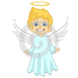 Vector cartoon illustration of Christmas angel with nimbus and wings.