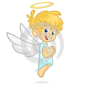 Vector cartoon illustration of Christmas angel with nimbus and wings.