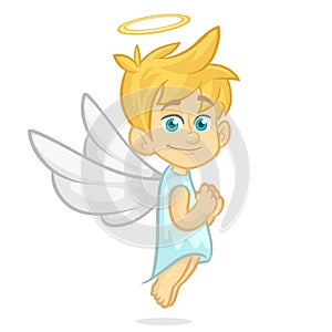 Vector cartoon illustration of Christmas angel with nimbus and wings prays.