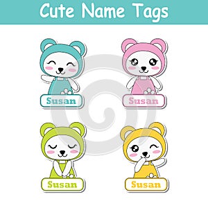 Vector cartoon illustration with colorful cute baby pandas suitable for kid name tag set design