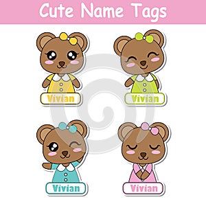 Vector cartoon illustration with colorful cute bear girls suitable for kid name tag set design