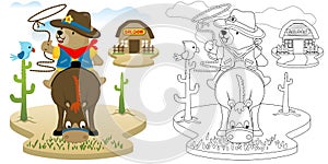 Vector cartoon illustration, coloring book of bear in cowboy costume with lasso riding horse, bird perch on cactus, wild west