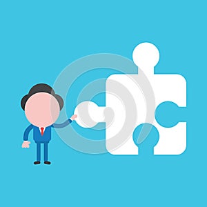 Vector illustration concept of businessman character holding missing jigsaw puzzle piece on blue background